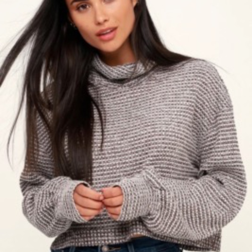Free People BK Wine Red/White Cropped Waffle Knit Turtleneck Sz L